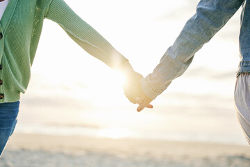 Woman couple, holding hands and beach for love, support or lesbian pride in trust on outdoor vacation. Closeup of gay women touching in relationship together for LGBTQ romance by the ocean coast - Powered by Adobe