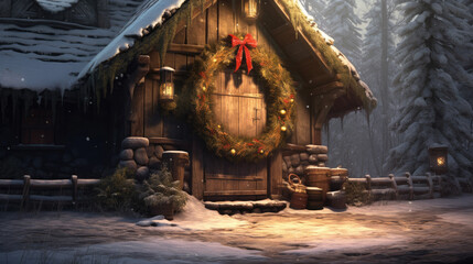 A cozy cabin with a wreath on the door and snow all around.