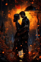 An illustration of two lovers embracing in a creepy woodland setting. Generative AI. 