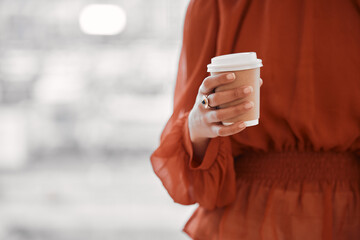 Business, woman hands or disposable coffee cup with mockup space in cafeteria of office. Closeup of...