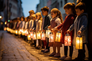 Youthful Spirits: Children Holding Lanterns in St. Martin Day Parade - obrazy, fototapety, plakaty