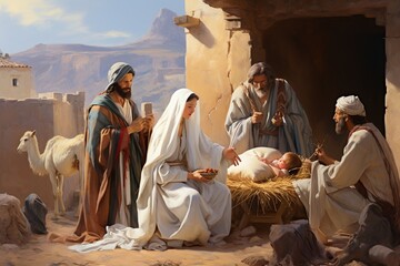 Jesus Birth, In a Bethlehem Manger, A Heavenly Moment Captured in This Heartwarming Image, Signifying Love, Peace, and Redemption - obrazy, fototapety, plakaty