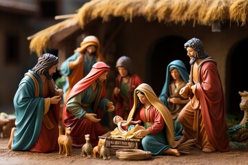 Nativity Scene, An Exquisite and Joyful Representation of the Holy Birth, Emanating the Wonder and Beauty of Christmas - obrazy, fototapety, plakaty