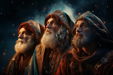 Wise Men from the East Undertake Their Pilgrimage to Witness the Birth of the Messiah, Following the Guiding Star - obrazy, fototapety, plakaty