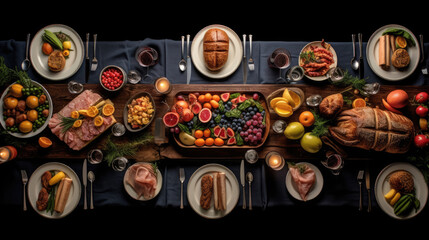 Obraz na płótnie Canvas A top-down view of a table set for a Christmas feast.