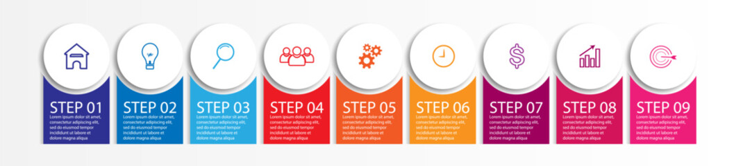 9 step infographic, simple infographic design consisting of nine interrelated parts, circle design combined with squares, lines, icons and colors, good for your business presentation