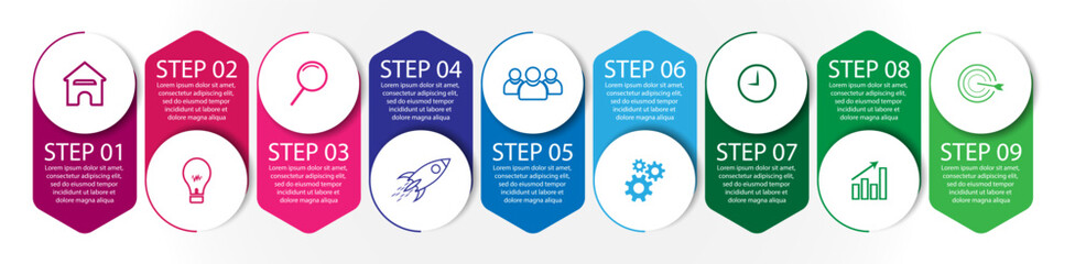 9 step infographic, simple infographic design consisting of nine interrelated parts, circle design combined with squares, lines, icons and colors, good for your business presentation