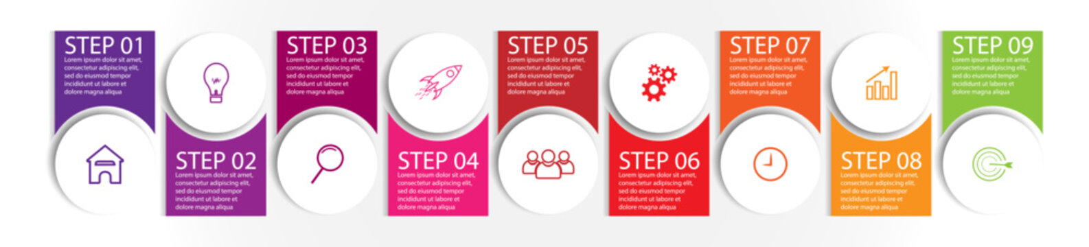 9 step infographic, simple infographic design consisting of nine interrelated parts, circle design combined with squares, lines, icons and colors, good for your business presentation