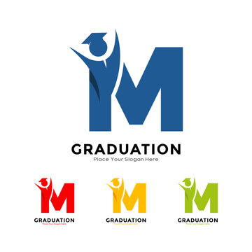 Letter M graduation with cap. Vector logo design. Suitable for business, education, initial name, poster and label