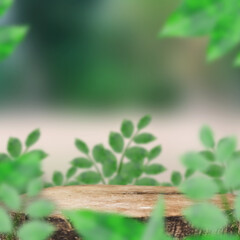 Wooden podium display with leaf composition for product presentation