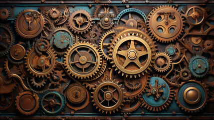 Steampunk-themed backdrop with brass cog wheels