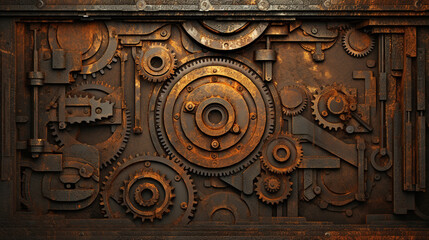 Vintage backdrop featuring brass gears in a Steampunk style, enhanced with teal and orange tones