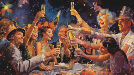 A group of people making a toast with sparkling wine at a New Year's party.