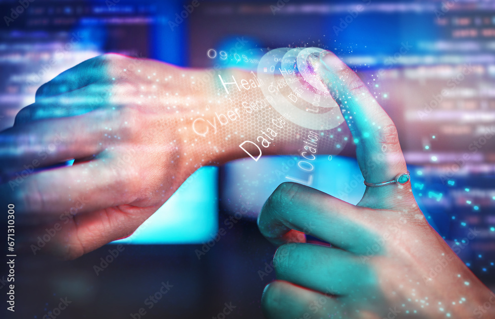 Poster Hands. hacking and cybersecurity, hologram button and choice with malware, futuristic technology and location privacy. Data protection overlay, iot dashboard and programmer with virtual reality login