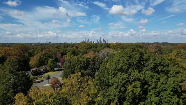 4K Aerial Drone Video above the fall color tree canopy of Uptown Charlotte, North Carolina