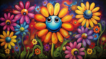 Naklejka premium A painting of colorful flowers with a smiley face