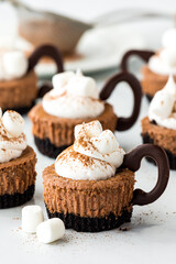 Mini hot cocoa cheesecakes topped with whip cream and marshmallows. 