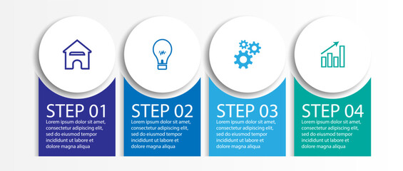 4 step infographic, simple infographic design consisting of four interrelated parts, circle design combined with squares, lines, icons and colors, good for your business presentation