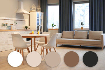 Spacious dining room with furniture. Color palette matching to this interior design