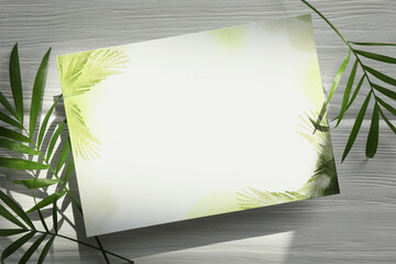 Blank invitation card and green leaves on white background, top view. Space for text