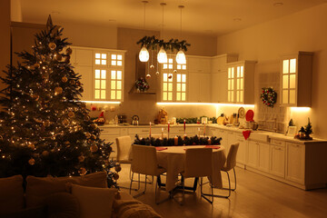 Cozy spacious kitchen decorated for Christmas. Interior design