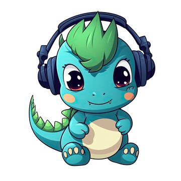 recommend clip art: Illustration cute dinosaur wearing headphone AI Generative