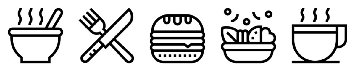 Conjunto de iconos de almuerzo. Comida y alimentos. Plato de comida, tenedor y cuchillo, sándwich, ensalada, taza de café. Ilustración vectorial