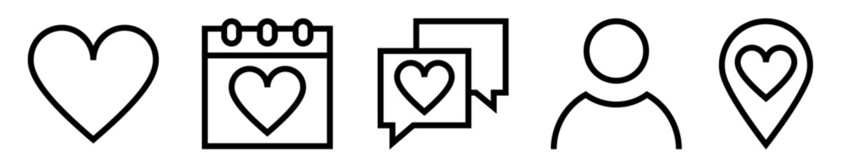 Conjunto de iconos de aplicación de citas. Conocer personas. Corazón, calendario de cita, interacción o mensaje, perfil del usuario, ubicación. Ilustración vectorial