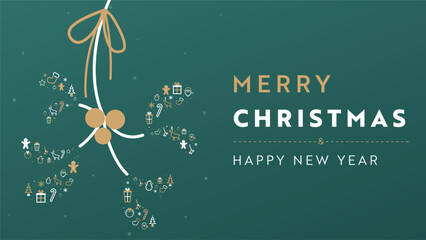 クリスマスをモチーフにしたアイコンで作られたヤドリギのクリスマス背景テンプレート（緑）　Christmas background template decorated with mistletoe made with Christmas motif icons (green)