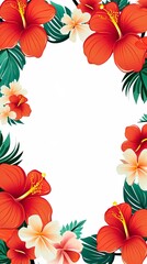 Frame of tropical Hawaiian style flowers and leaves on a white background. Room for text copy.