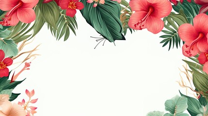 Obraz premium Frame of tropical Hawaiian style flowers and leaves on a white background. Room for text copy.