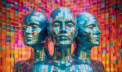 Fototapeta premium Vibrant Wall Decor: Shimmering Metallic and Mosaic-Colored Masks, Perfect for Captivating Interior Decoration and Cultural Ambiance. Mosaic of three masks on a pink mosaic background.