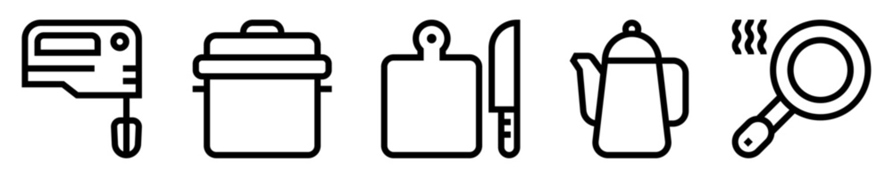 Conjunto de iconos de artefactos de cocina. Utensilios. Batidora de mano, cacerola, tabla de cortar, tetera, sart&eacute;n. Ilustraci&oacute;n vectorial