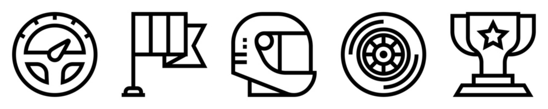 Conjunto de iconos de carreras de coche. Competici&oacute;n automovil&iacute;stica. Volante, bandera de meta, casco de carreras, neum&aacute;tico, trofeo. Ilustraci&oacute;n vectorial