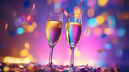 A two glass of sparkling wine on a colorful confetti on blur festive background