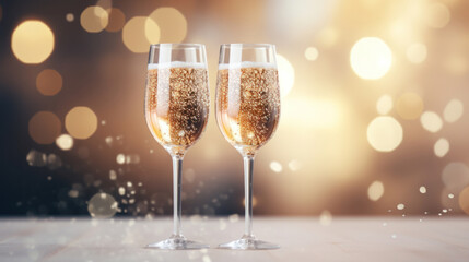 A two glass of sparkling wine on a confetti on blur festive background