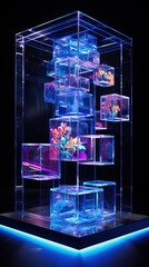 Enigmatic Ethereal Stage with Crystal-Clear Product Podium Suspended in the Infinite Cubic Expanse