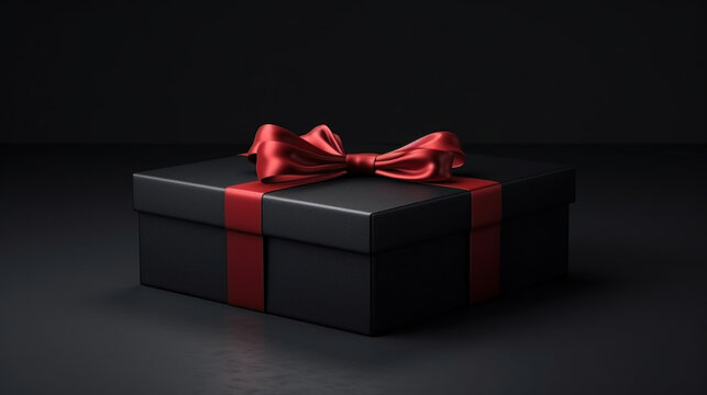 Gift box with red bow on black background