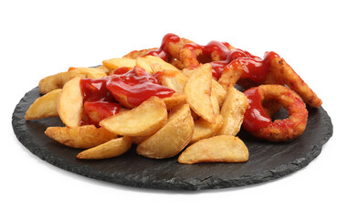 Delicious baked potato and onion rings with ketchup on white background