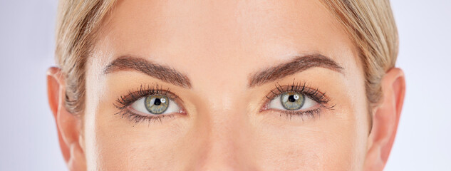 Beauty, studio portrait or eyes of woman for eyesight care, optical vision or natural cosmetics,...