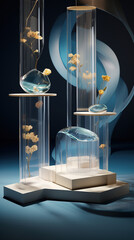 Enigmatic Elegance, A Podium Showcasing Nature's Freshness Through the Crystal Clear Glass Emanation