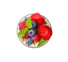Tasty oatmeal with smoothie, berries and mint on white background, top view. Healthy breakfast