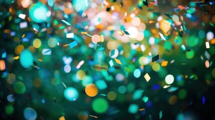 A festive and colorful party with flying neon confetti on a green background