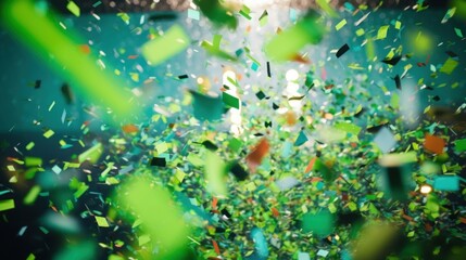 Fototapeta na wymiar A festive and colorful party with flying neon confetti on a green background