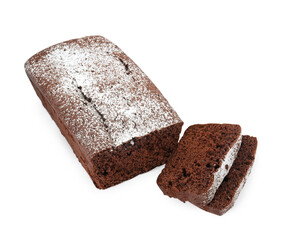 Tasty chocolate sponge cake with powdered sugar on white background