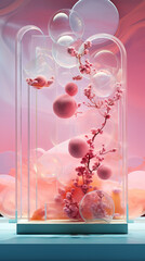 Enigmatic Surreal Podium, A Mesmeric Stage for Product Display with Ethereal Bubble Ornaments, Elaborate Decorative Elements, and Abstract Surrealistic Imagery