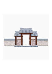 Editable Brush Strokes Style Vector Illustration of Traditional Korean Hanok Gate Building for Artwork Element of Oriental History and Culture Related Design