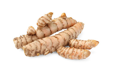 Fresh whole turmeric roots isolated on white