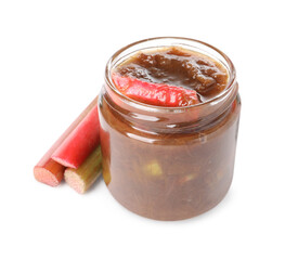 Jar of tasty rhubarb jam and cut stems on white background