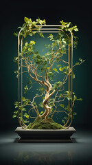 Enigmatic Branching Product Showcase on Serene Stage adorned with Intricate Vines and Resplendent Tree Backdrop